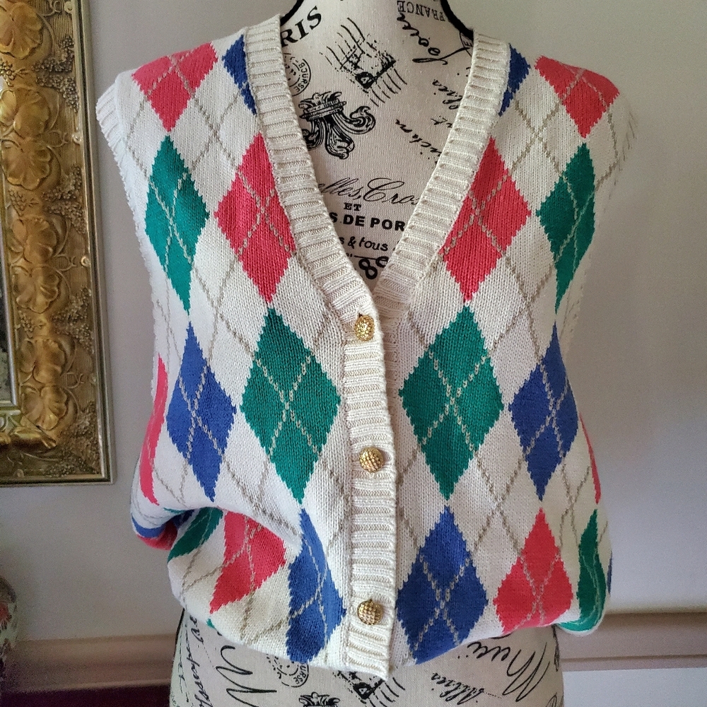 ☀️FLASH SALE!!☀️ Vintage Izod Preppy Argyle Sweater Vest White Multicolor